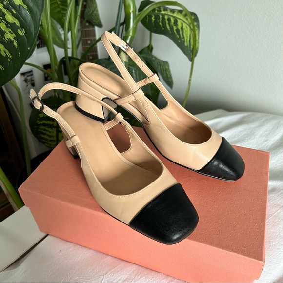 Black toe square heel kitten slingback heels tan - Picture 2 of 4